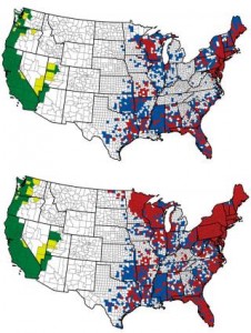 The distribution of tick sightings across the United States between a) 1907–1996 and b) 1907–2015.